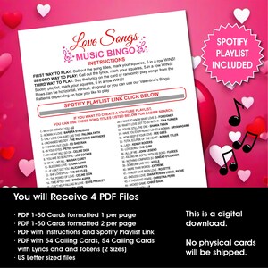 Love Songs Music Bingo, 50 Printable Cards, Games for Wedding; Valentine's Day Fun Activity (PDF Files) image 6