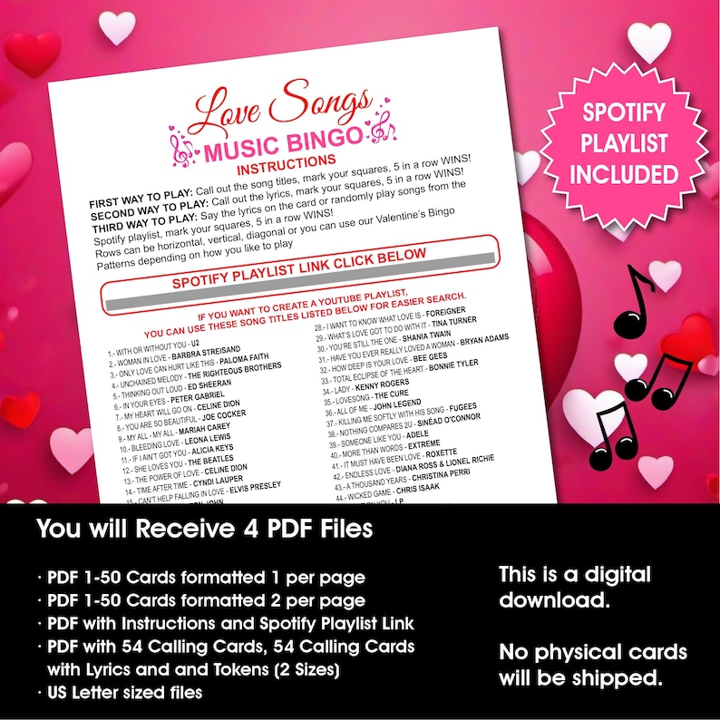 Love Songs Music Bingo, 50 Printable Cards, Games for Wedding; Valentine's Day Fun Activity (PDF Files) image 6