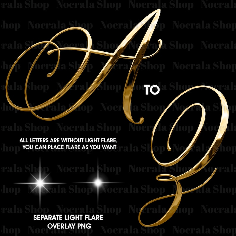 Op de afbeelding: Goudkleurige, cursieve letters "A" en "Z" op een zwarte achtergrond. De afbeelding bevat de tekst "ALL LETTERS ARE WITHOUT LIGHT FLARE, YOU CAN PLACE FLARE AS YOU WANT" en "SEPARATE LIGHT FLARE OVERLAY PNG".