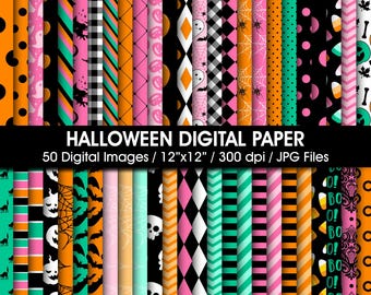 May include: A collection of 50 Halloween digital paper patterns featuring orange, black, pink, and teal designs with ghosts, pumpkins, skulls, spiderwebs, bats, candy corn, and stripes. The text reads HALLOWEEN DIGITAL PAPER 50 Digital Images 12"x12" 300 dpi JPG Files.