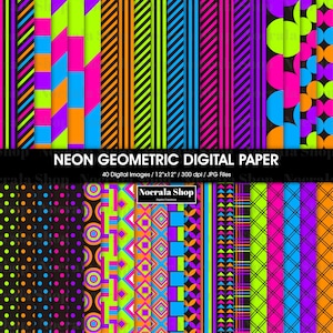 Neon Geometryczny Cyfrowy Papier, Neonowe Kolory Papiery Do Scrapbookingu, Natychmiastowe Pobieranie, 40 Wydrukowanych Papierów Do Scrapbookingu