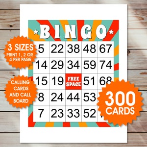 300 tarjetas de bingo de estilo retro de color naranja, 1, 2 o 4 por página, divertido juego de fiesta, actividad de los años 70, juego de bingo de cumpleaños, bingo para personas mayores, descarga en formato PDF