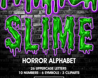 Imágenes prediseñadas de alfabeto de terror con limo verde y letras goteando (descarga digital PNG)