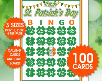 100 cartones de bingo para el Día de San Patricio, divertido juego de fiesta (PDF)