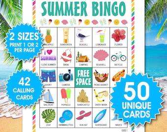 Summer Bingo Game, 50 Unique Cards, Beach Party Activity (PDF Download)