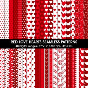 May include: A set of 40 digital seamless patterns featuring red hearts on a white background. The patterns include various heart sizes, shapes, and arrangements. The patterns are 12 inches by 12 inches and 300 dpi.