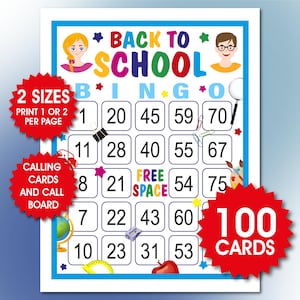 100 Back to School Bingo Cards, 1 or 2 Per Page, Cute School Theme Party, Printable Bingo, Back to School Activity, Bingo for Kids and Teens