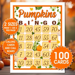 May include: A colorful Pumpkin Bingo game card with the word "Pumpkins" at the top. The card features numbers in a grid, with pumpkins and leaves as decorative elements. Includes 100 cards and calling cards.