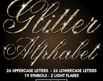 Alfabeto cursivo com glitter dourado, clipart em PNG (download digital)