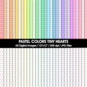 Puede incluir: Un conjunto de 60 patrones de papel digital con pequeños corazones blancos sobre una variedad de fondos pastel. Cada patrón mide 30,5 cm por 30,5 cm y 300 dpi.