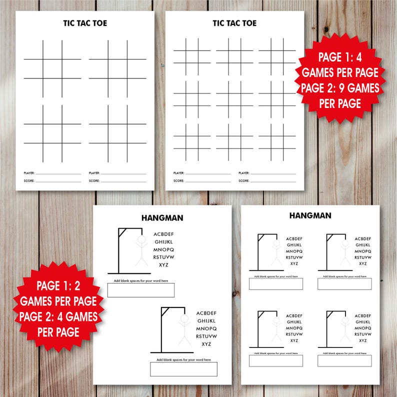Op de afbeelding: Witte papieren spelvellen voor Tic Tac Toe en Galgje. De Tic Tac Toe-vellen hebben rasters voor spelers om hun zetten te markeren. De Galgje-vellen bevatten het alfabet en ruimte voor het woord. De pagina's zijn gelabeld met het aantal spellen per pagina.
