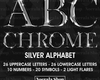 Silver Chrome Alphabet Clipart, PNG Clip Art, Silver Chrome Letters, Numbers, Symbols, High Shine Digital Alphabet, Glam Alphabet Clipart