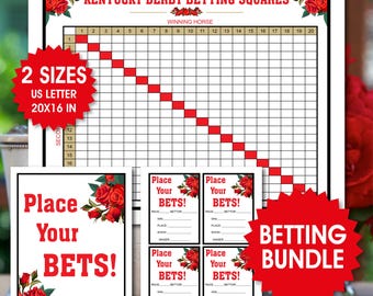 May include: A Kentucky Derby betting squares game with a grid, red roses, and the text "Place Your Bets!" The main game board is 20x16 inches. Includes a betting bundle with individual betting slips.