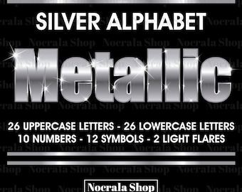 Silver Metallic Alphabet Clipart, Silver Foil Alphabet , Silver Digital Letters Numbers and Symbols, Silver Metallic Font PNG, PNG File