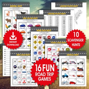 Pacchetto di 16 giochi stampabili per viaggi su strada, 10 cacce al tesoro per viaggi su strada, pagine da colorare per viaggi, attività per bambini in auto, divertenti giochi da viaggio, PDF