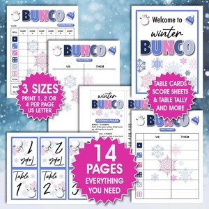 May include: A collection of winter-themed Bunco game printables. The set includes score sheets, table cards, and tally sheets. The design features snowflakes, snowmen, and the text "Bunco" in blue and pink. The set includes 14 pages.