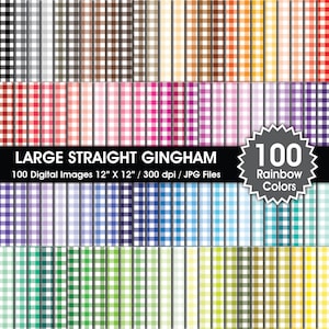 May include: A set of 100 digital images of large, straight gingham patterns in various rainbow colours. Each image is 12 inches by 12 inches and 300 dpi. The images are in JPG format.