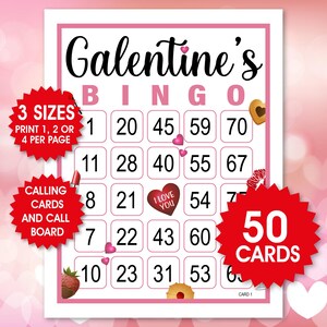 50 tarjetas de bingo de Galentine, 1, 2 o 4 por página, lindo juego de fiesta de San Valentín, bingo de San Valentín para niños, descarga en PDF, bingo romántico