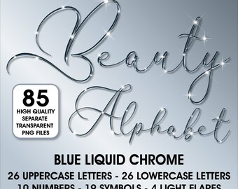 Blue Chrome Cursive Alphabet Clipart, High Shine PNG (Digital Download)