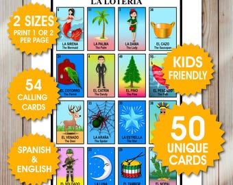 Lotería infantil, 50 tarjetas únicas, juego de bingo bilingüe español e inglés, Fiesta Bingo para toda la familia, archivos PDF