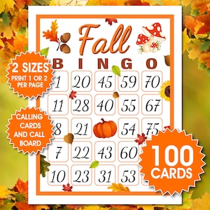 May include: A Fall Bingo game card with an orange border. The card features the word "Fall" in cursive, along with images of leaves, acorns, and a pumpkin. The card includes the text "2 Sizes," "Calling Cards and Call Board," and "100 Cards."