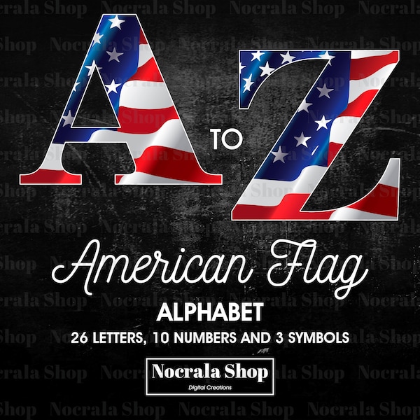 American Flag Alphabet Clipart, PNG Digital Clip Art, American Letters, Numbers, Symbols Clipart, Patriotic Alphabet Clipart