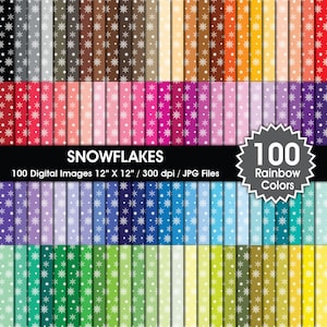 May include: 100 digital snowflake patterns in a rainbow of colors. Each pattern is 12 inches by 12 inches and 300 dpi.  The patterns are in JPG format.