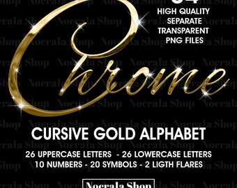 Gold Chrome Cursive Alphabet Clipart, PNG Clip Art, Gold Chrome Cursive Letters, High Shine Digital Alphabet, Glam Alphabet, Calligraphy