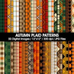 Op de afbeelding: Een verzameling van 50 digitale afbeeldingen met diverse herfstachtige ruitpatronen in oranje, groen, bruin, rood en geel. De tekst AUTUMN PLAID PATTERNS 50 Digital Images / 30,48cm x 30,48cm / 300 dpi / JPG Files staat in het midden.