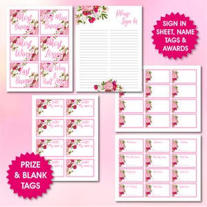 May include: Printable pink floral themed Bunco game set with sign in sheet, name tags, and award tags. The set includes a sign in sheet, name tags, and award tags for the categories: Most Buncos, Most Mini Buncos, Most Wins, Most Losses, Last Bunco, Half Wins & Half Losses. The name tags say "Hello! My name is..."