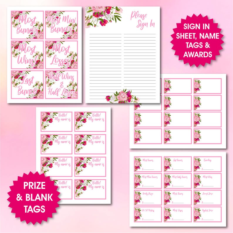 May include: Printable pink floral themed Bunco game set with sign in sheet, name tags, and award tags. The set includes a sign in sheet, name tags, and award tags for the categories: Most Buncos, Most Mini Buncos, Most Wins, Most Losses, Last Bunco, Half Wins & Half Losses. The name tags say "Hello! My name is..."