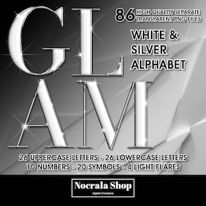 Wit en zilver Glam alfabet clipart, PNG digitale illustraties, witte letters, hoogglans alfabet, luxe alfabet, elegante letters