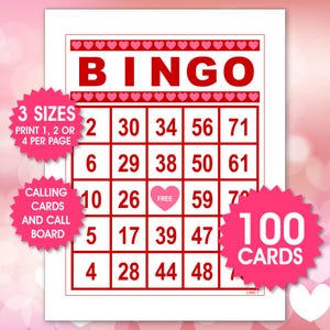 100 tarjetas de bingo románticas, 1, 2 o 4 por página, juego de fiesta, actividad del día de San Valentín, bingo del día de San Valentín para niños, descarga en PDF