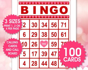 100 Romantic Bingo Cards, 1, 2, or 4 Per Page, Party Game, Valentine's Day Activity, Valentine's Day Bingo for Kids, PDF Download,