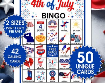 4th of July Bingo Cards, Independence Day Bingo, Fun Party Game, 4th of July Activity, 4th of July Game, 50 Unique Cards (PDF)