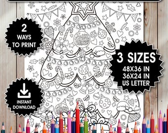 May include: A black and white Christmas tree coloring poster with the text "Giant Christmas Tree Coloring Poster". The poster is available in three sizes: 48x36 inches, 36x24 inches, and US Letter. It offers two ways to print and is an instant download.