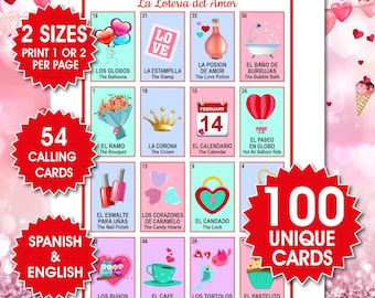100 Cartões de Loteria dos Namorados, Loteria del Amor, Bilíngue Galentine's Bingo, San Valentín Juego De Bingo, Jogo em Espanhol e Inglês, arquivo PDF