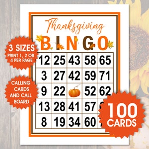 100 Thanksgiving Bingo Cards, 1, 2, or 4 Per Page, Thanksgiving Game, Holidays Bingo, Fun Party Game, PDF Download, Christmas Bingo Cards