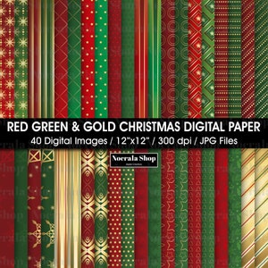 Red, Green and Gold Christmas Digital Paper, Christmas scrapbook papers, instant download, 40 printable scrapbook papers