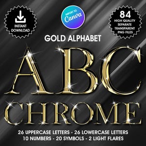 Gold Chrome Alphabet Clipart, PNG Clip Art, Gold Chrome Letters, High Shine Digital Alphabet, Glam Alphabet Clipart, Import to Canva