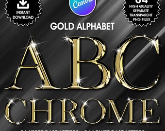 Gold Chrome Alphabet Clipart, PNG Clip Art, Gold Chrome Letters, High Shine Digital Alphabet, Glam Alphabet Clipart, Import to Canva