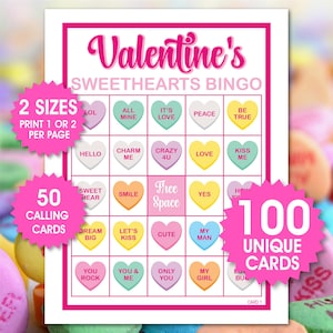 100 carte bingo degli innamorati di San Valentino, 1 o 2 per pagina, gioco per la festa di San Valentino, attività per San Valentino, bingo dei cuori di caramella, file PDF