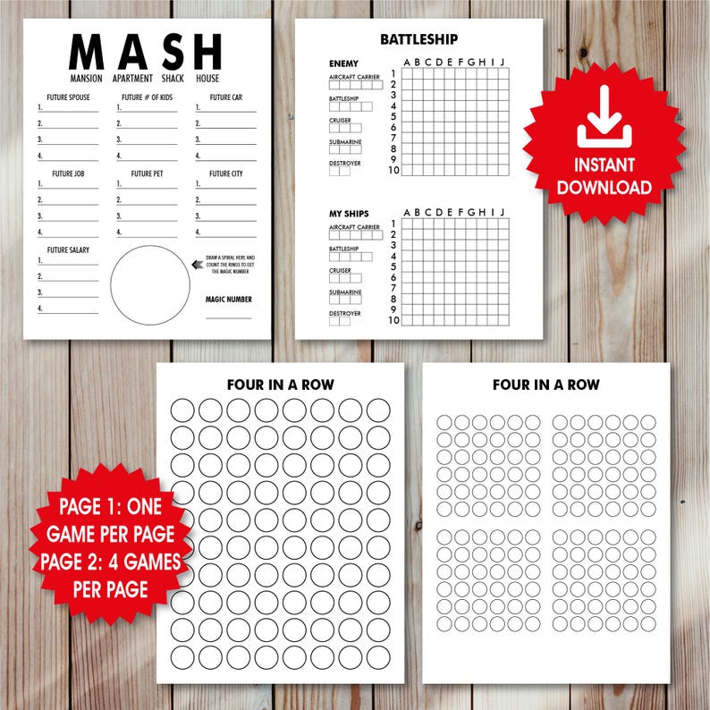 Op de afbeelding: Printbare spelvellen voor MASH, Battleship en Four in a Row. Het MASH-blad heeft invulsecties. Battleship heeft rasters voor scheepsplaatsing. Four in a Row biedt meerdere spelborden. Een rode ster-afbeelding zegt "Direct downloaden".