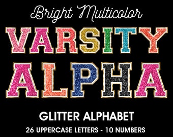 Multicolor Glitter Varsity Alphabet Clipart, PNG (Digital Download)