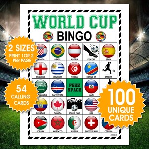 以下が含まれることがあります： ワールドカップ・ビンゴのゲームカード。様々な国旗、サッカーボール、ストライカーのシルエットなど、サッカーをテーマにしたアイコンがグリッド状に並んでいます。各国のテキストラベルと中央のフリースペースがあり、オレンジ色の星型のオーバーレイが配置されています。