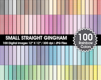 100 Rainbow Colors Gingham Digital Papers, Small Straight Seamless Patterns, JPEG Files