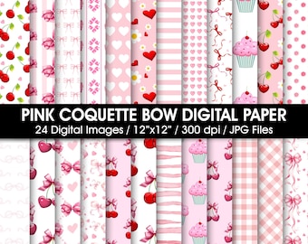 Pink Coquette Cherry Bow Digital Paper, Seamless Patterns (JPEG Files)