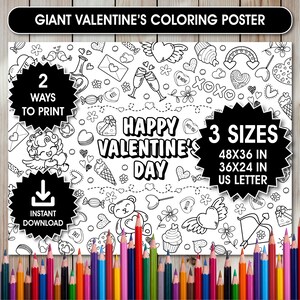 Könnte beinhalten: Ein Schwarz-Weiß-Valentinstag-Malposter mit dem Text "Happy Valentine's Day". Das Poster enthält Herzen, Amore und andere Illustrationen zum Valentinstag. Das Poster ist in 3 Größen erhältlich: 122x91 cm, 91x61 cm und US Letter.