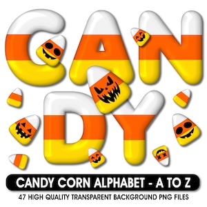 May include: A digital graphic set featuring the word CANDY spelled out in a 3D candy corn font with white, orange, and yellow horizontal stripes. Several individual candy corn pieces with various jack-o'-lantern faces are scattered around.