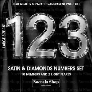 Zilver satijn en diamant nummers clipart, PNG digitale illustraties, zilveren diamant nummers clipart, metallic Glam nummers clipart, grote cijfers
